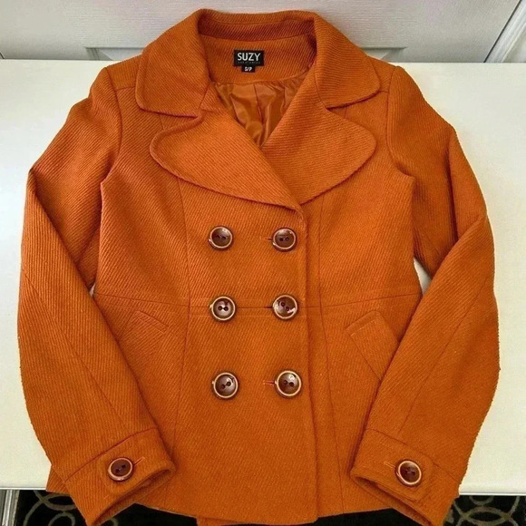 Vintage Pea Coat Blazer Double Breasted Wool Blend Rusty Orange Size  Small - Picture 12 of 16